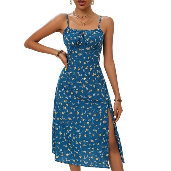 Women'S Floral Summer Dress Spaghetti Strap Midi Dress Backless Split Dress Vacation Beach Boho Dress Blue L