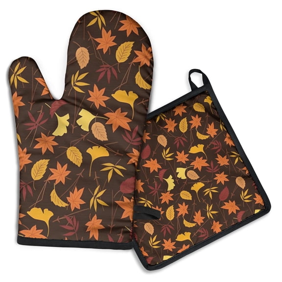 Autumn Fall Leaves Pattern Kitchen Oven Mitt and Pot Holder Sets 2 Pcs for Baking, Cooking and Grilling, Heat Resistant Up To 392 °F