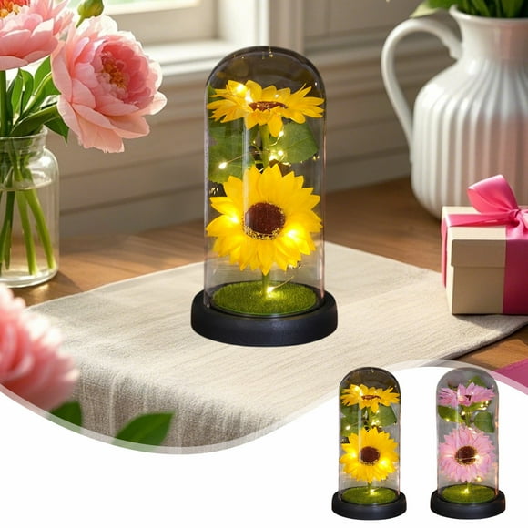 Regalo de flor de jabón de girasol con luces LED | Rosas preservadas reales en vidrio | Adorno decorativo de simulación para el día de la madre, San Valentín, cumpleaños | 1 Pieza | 21x11.5x9cm