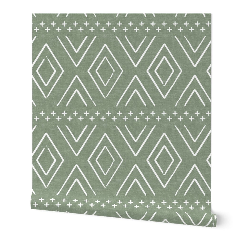 Wallpaper Roll Green Boho Diamonds Sage Mudcloth Bohemian Geometric