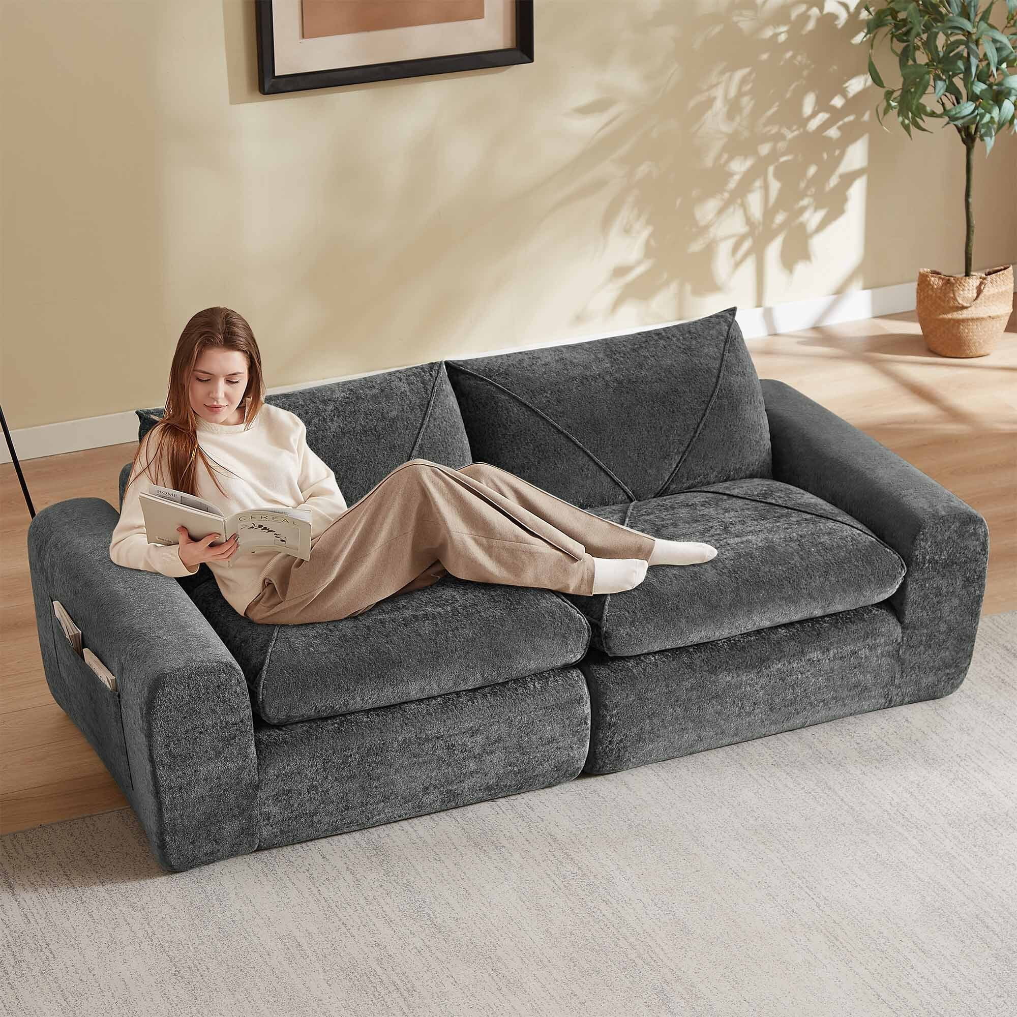 Lunale Small Boneless Cloud Sofa, Modern 2-Seater Chenille Couch with Side Pockets for Living Room, Dark Gray