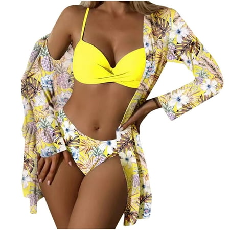 up to 60% off Gifts Usmixi 3 Pieces Swimsuits for Women Summer High Waist Bikini Sets with Cover Up Cardigan Sleeveless V-Neck Floral Swimwears Yellow S Up to 65% off