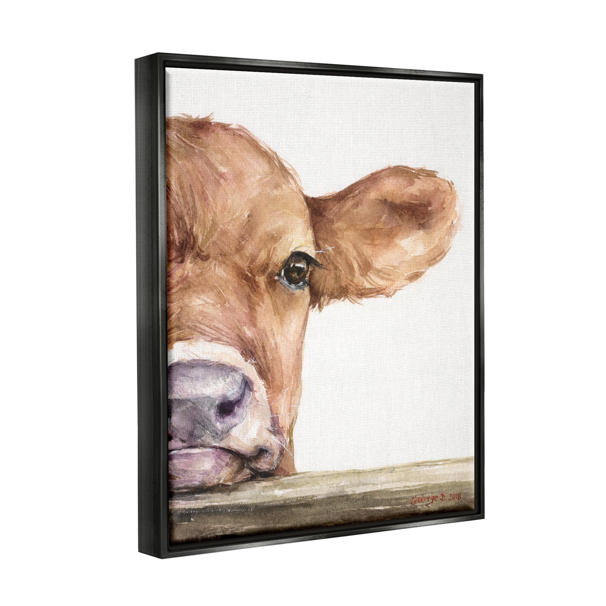Stupell Industries Baby Calf Cow Resting Head Up-Close Rural Painting Jet Black Floating Framed Canvas Print Wall Art, Design by George Dyachenko