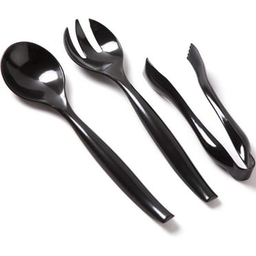 VeZee's Plastic Serving Utensils, Black Heavy Duty Disposable utensil | Set 10" Spoons 10" Forks 6" Tongs | 6 Each in One Set| 18 SET