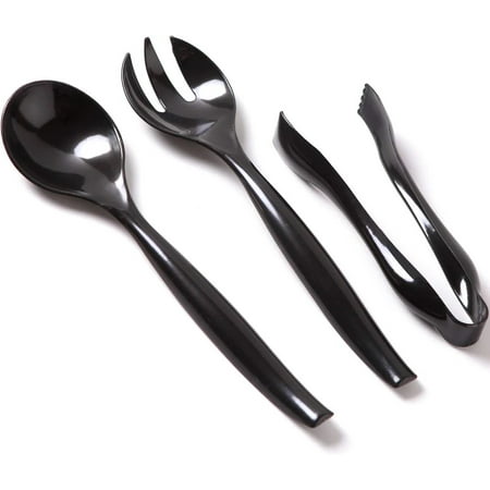 

VeZee s Plastic Serving Utensils Black Heavy Duty Disposable utensil | Set 10 Spoons 10 Forks 6 Tongs | 6 Each in One Set| 432 SET