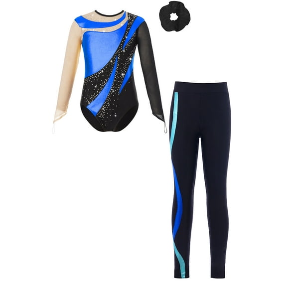 TTAO Kids Girls Rhinestone Gymnastic Ballet Leotard Dance Unitard Biketard and Leggings Pants Hair Band Set A Royal Blue 8