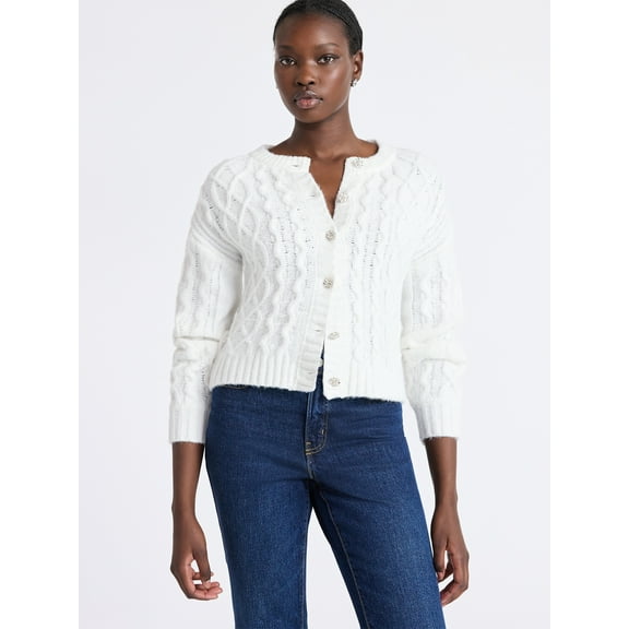 Free Assembly Women's and Women's Plus Cropped Cable Cardigan Sweater, Midweight, Sizes XS-4X