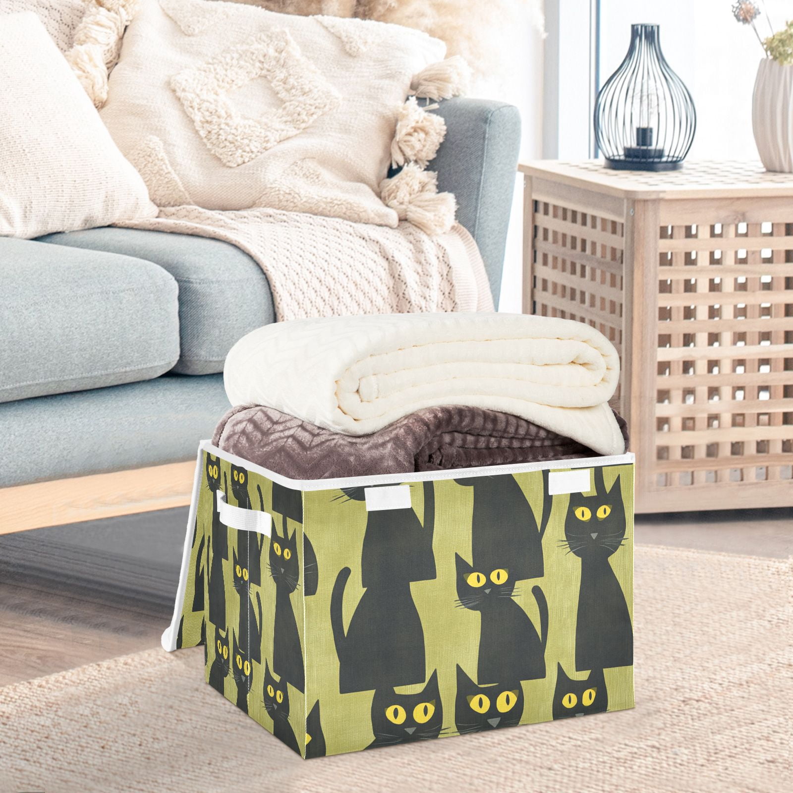 Black Cats in Green Storage Basket for Shelves Foldable Container Organizer for Organizing Toys Clothes Books with Handles