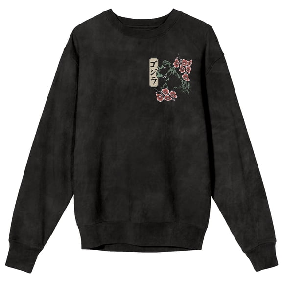 Godzilla Vintage-Inspired Kanji Design Adult Black Salt Mineral Wash Crew Neck Sweatshirt-Medium