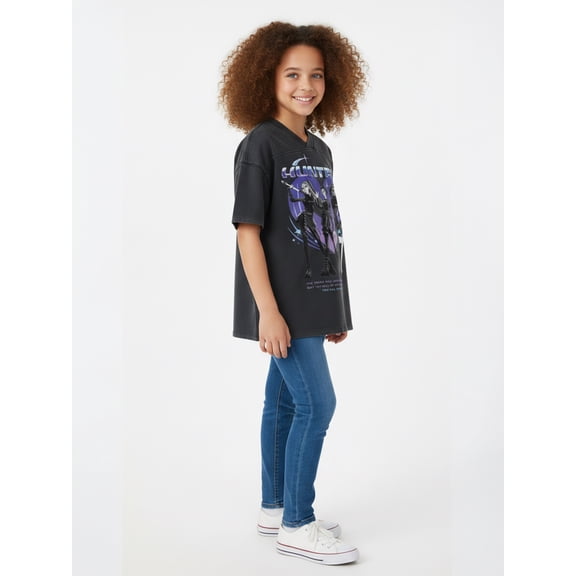 K Pop Demon Hunters Girls Mineral Wash V-Neck Jersey with Short Sleeves, Sizes 4-16