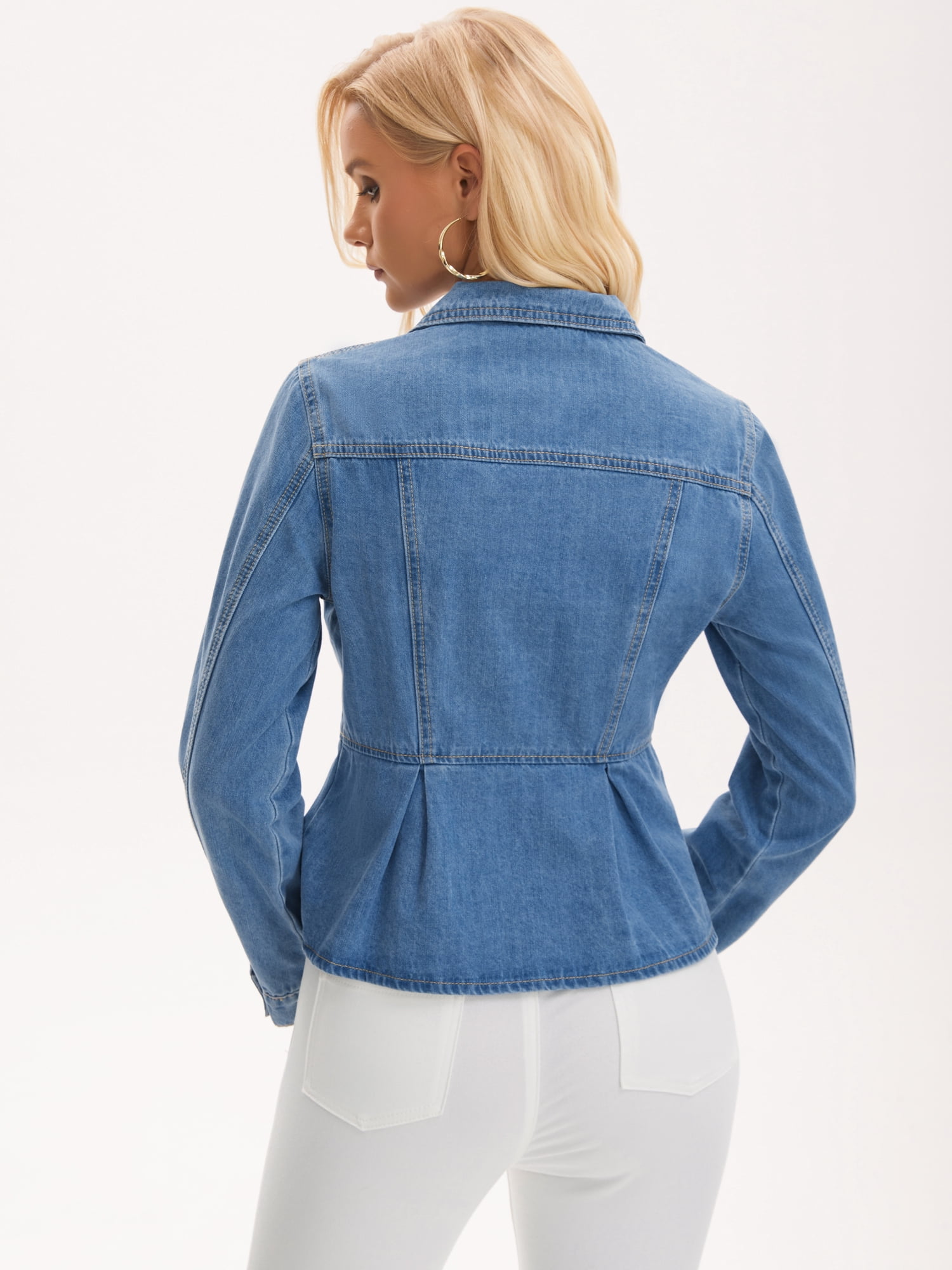 DARING DIVA Women's Button Down Collar Ruffle Hem Peplum Jean Jacket XL Light Blue
