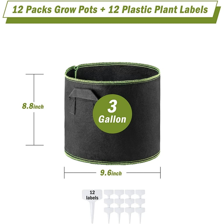 12 Pack Grow Bags, 3 Gallon Thick Fabric Pots for Plants, Sturdy Handles &  Reinforced Stitching, Labels Included, Black