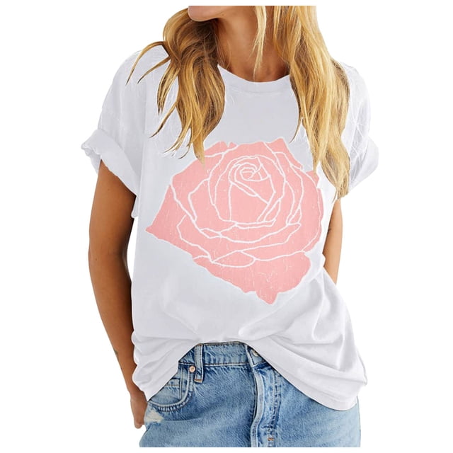 Wijhcboe 2025 T-Shirt Graphique Rose pour Femmes T-Shirt de Compression à Manches Longues pour Femmes T-Shirt Coupe Ample en Rayonne T-Shirt à Manches Longues pour Femmes Été T-Shirt à Manches Courtes Boyfriend T-Shirt de Course pour Femmes Décontracté Col Rond Hauts Mode