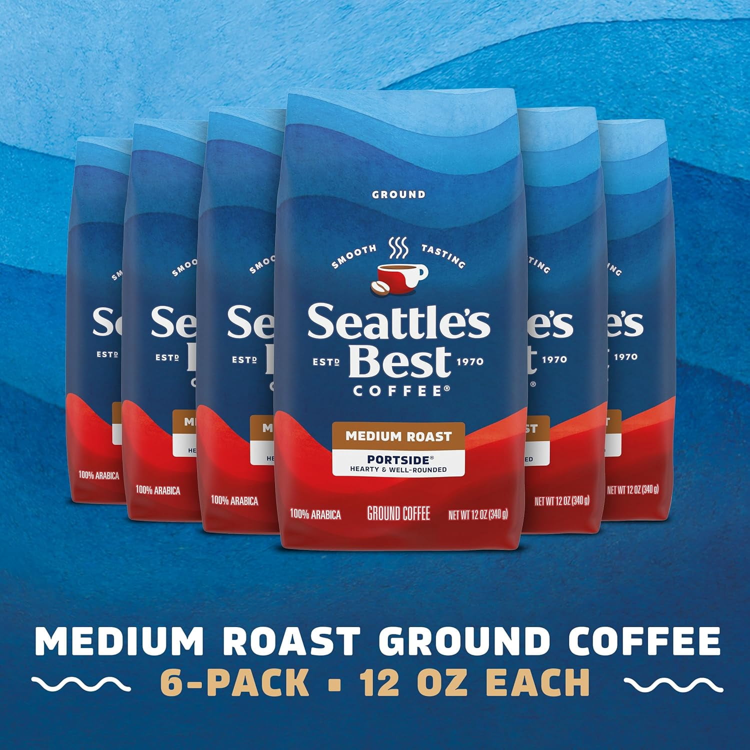 Seattle’s Best Coffee, Medium Roast Ground Coffee, Portside, 100% Arabica, 6 Bags (12 oz Each)