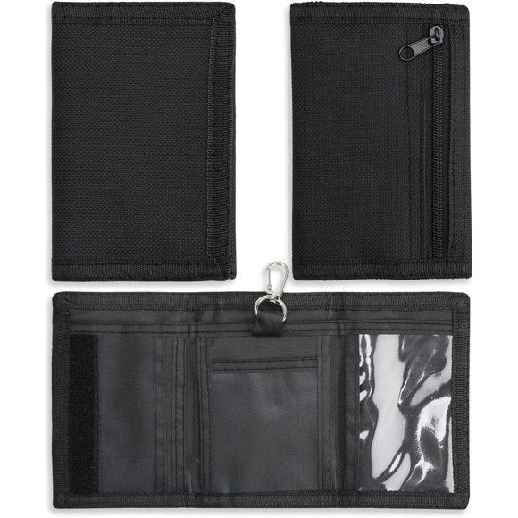 LAICAIW Trifold Canvas Wallet with Clasp and Zippered Coin Pocket and Card Holder, Magic Sticker Outdoor Sports Wallet Pocket for Teen Boys Girls Kids (Black)
