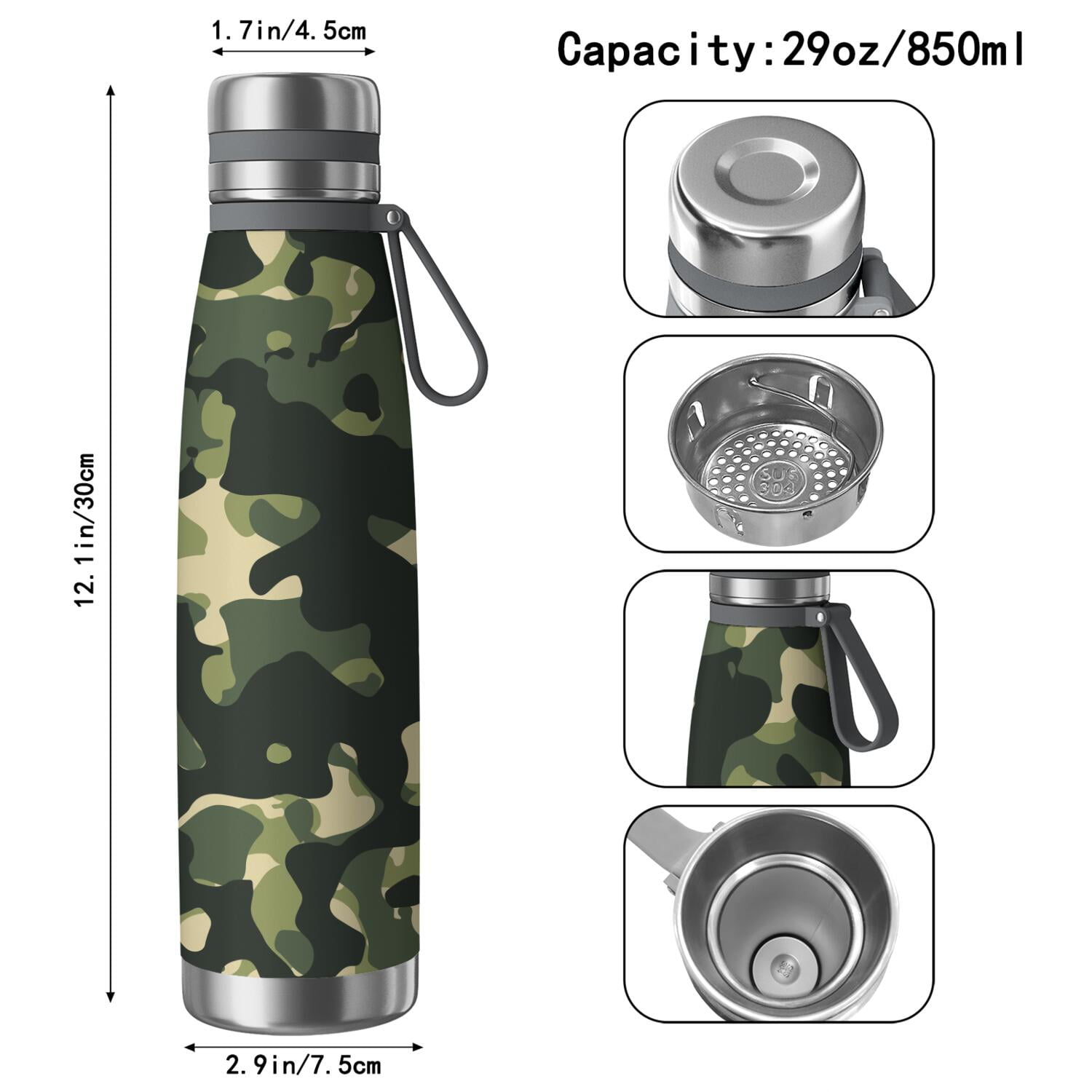 29oz Insulated Water Bottle with Tea Infuser, Stainless Steel Travel Mug, Camouflage Print