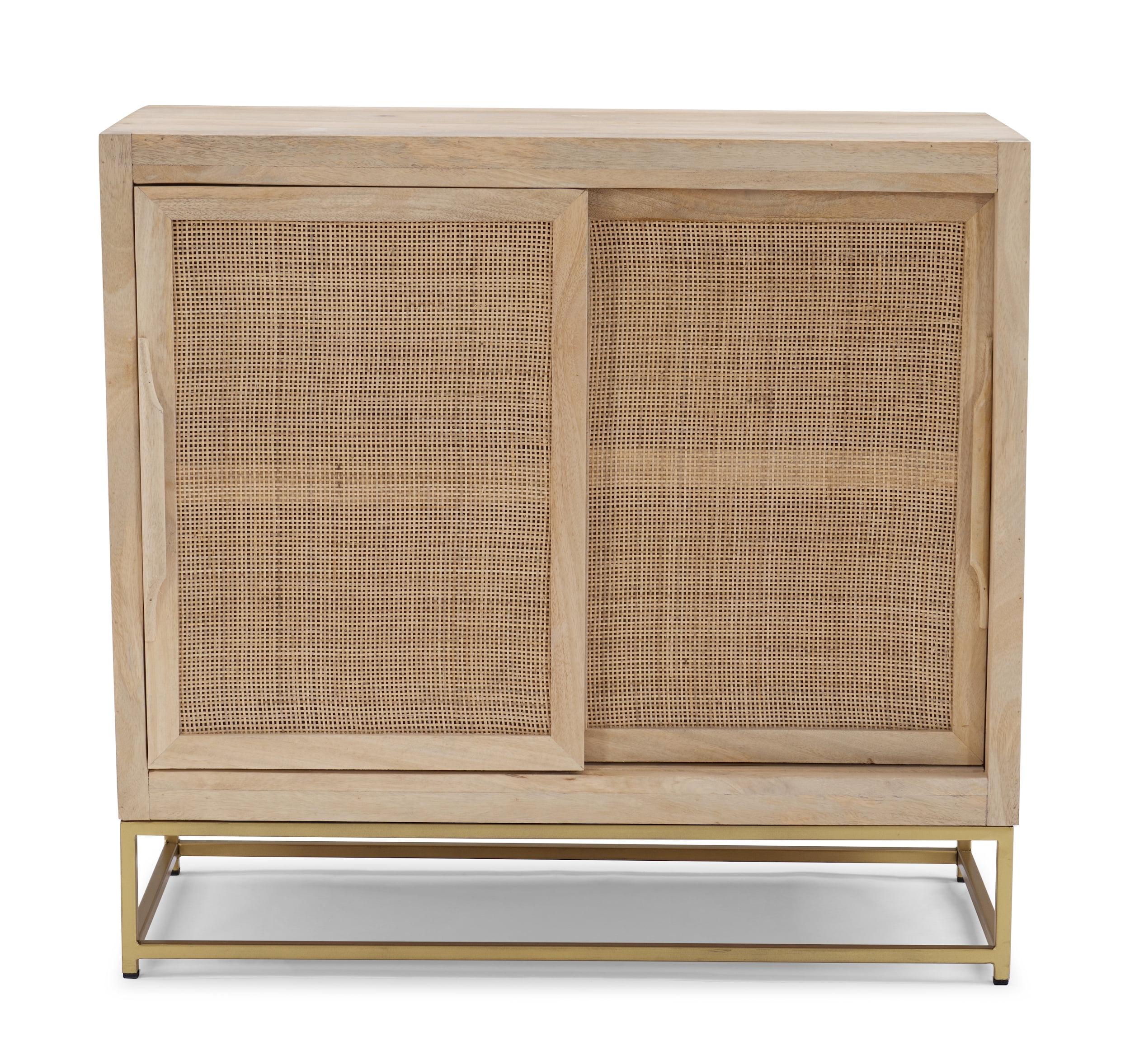 Blair Rattan Sliding Doors Cabinet with Shelves, Natural and Gold