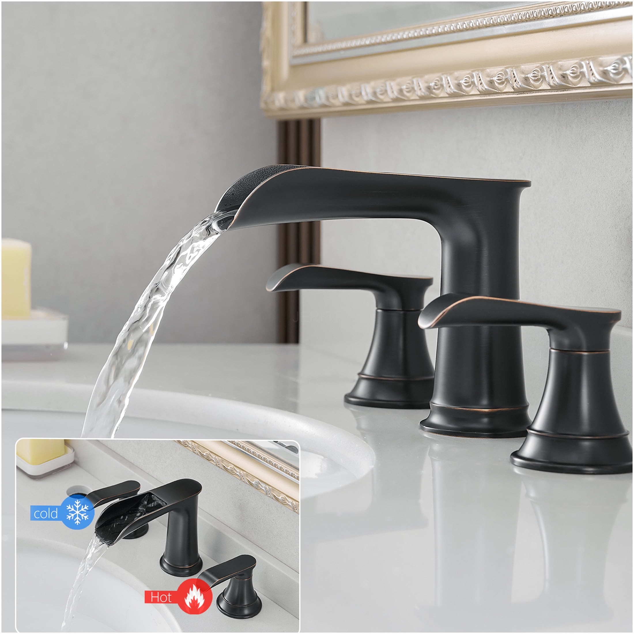 JERFIT 8 inch Widespread Bathroom Faucet, Oil Rubbed Bronze 3-Hole Vanity Sink Faucet with Pop-Up Drain, Lever Handles, Solid Brass Construction