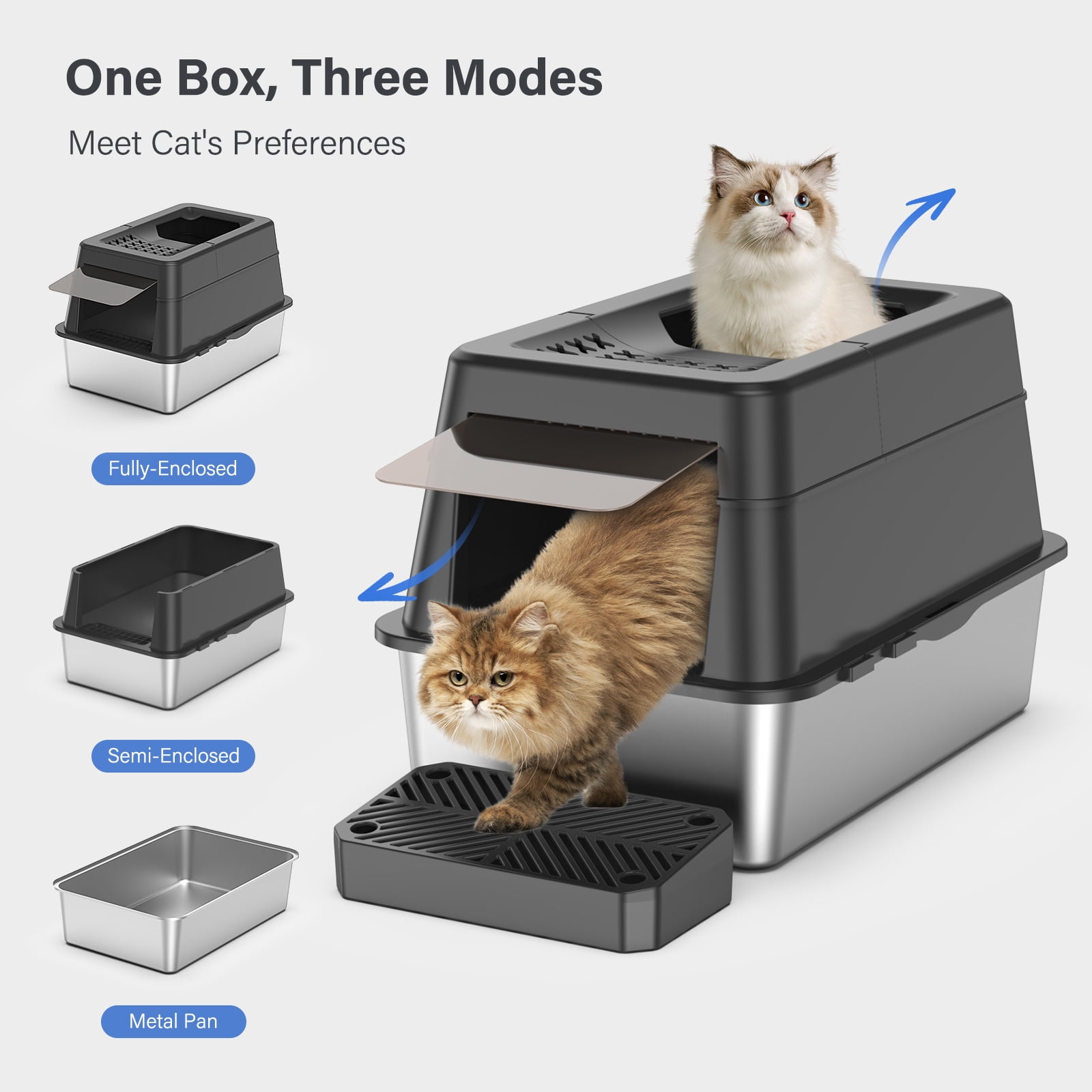 Aphyxen XL Enclosed Stainless Steel Cat Litter Box, 110° Flip Lid, Top Entry Metal High Sided with Pedal & Scoop, Anti-Leakage (Black)