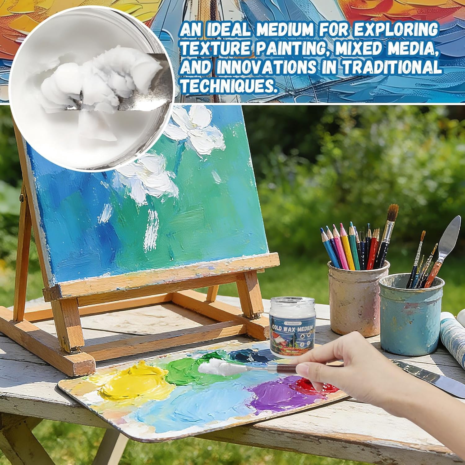 Cold Wax Medium, Cold wax Watercolor Waxs Sealer, Creating Unique Texture Presents Elegant Matte Finish Increases Adhesion and Stability of Pigments Protects Painting Low odor, 3.38 oz