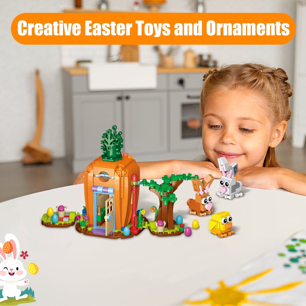 Easter Bunny Carrot House Building Set, 2 Rabbits, Chick, Colorful Easter Egg and Basket Toy, Brickheadz Pets Building Blocks Kit Gift for Boys Girls Toddlers