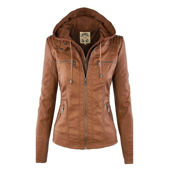 Made by Johnny Women's Removable Hoodie Motorcyle Jacket L CAMEL