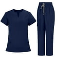 thumbnail image 5 of Hfnxid 2 Piece Scrubs Set for Women Solid Color Nurse Working Uniform Henley Short Sleeve Top and Wide Leg Pants Suit, 5 of 5