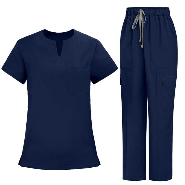 Ensemble d'Uniforme d'Infirmière pour Femmes, Haut à Manches Courtes à Col en V Uni Ample avec Cordon de Serrage et Poches