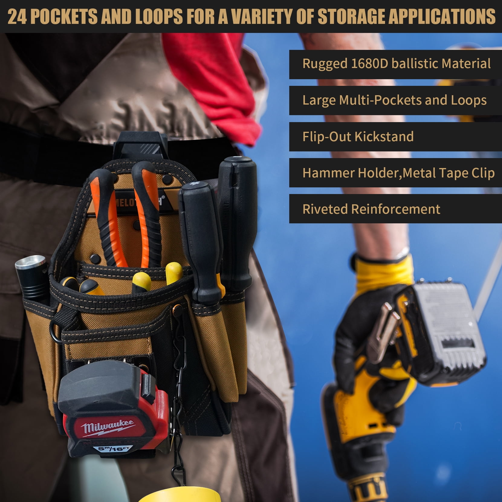 MELOTOUGH Small Electrician Tool Pouch With Belt Clip Attachment - 9 Pockets Tradesman Bag With Tape Thong - Holster for Electricians