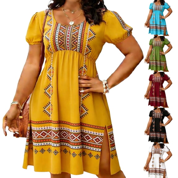 XUNKUSGA Summer Plus Size Dresses Vintage Print Boho Dress Classic Crewneck Puff Sleeve Beach Dresses for Women Fashion Split Hem Sun Dresses Women,Yellow,M