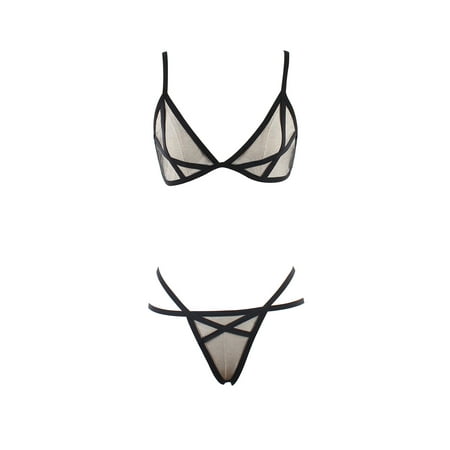 

LSFYSZD Women’s Lingerie Two Piece Set Fashion Solid Color Mesh Yarn Bandage Bra and Low Waist Panty