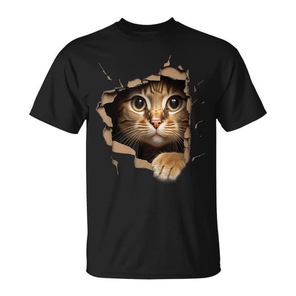 Cute Kitten Looks from Torn Fabric Tee Cats Theme Unisex Adult Cotton Funny Pet Lover Graphic Shirt, Size S, Color Black