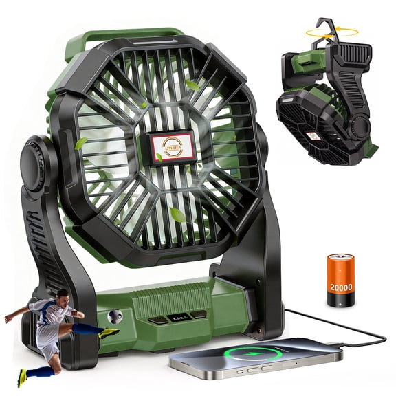 20,000mAh Portable Camping Fan with LED Lantern, Rechargeable Battery Operated Outdoor Fan, 4 Speeds, 270° Rotation, Power Bank Function for Tent, Hiking, Fishing, Emergency, Sports & Game Day, Green