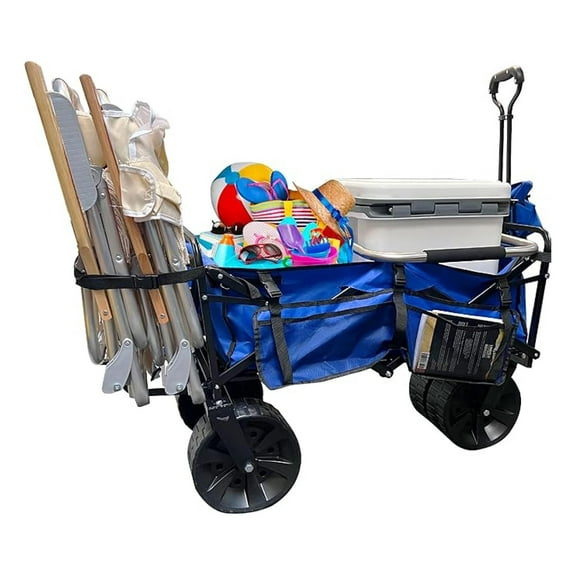 Beach Wagon Folding - Large Sand Wheels, Heavy Duty Collapsible Cart with Chair Holder - Ocean, Camping, Fishing - Solid Blue