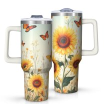 OBREWU Sunflowers and Butterflies Tumbler with Handle and Lid,Sunflowers and Butterflies 40oz Double Wall Vacuum Insulated Tumbler,Cups Gift for Women and Men