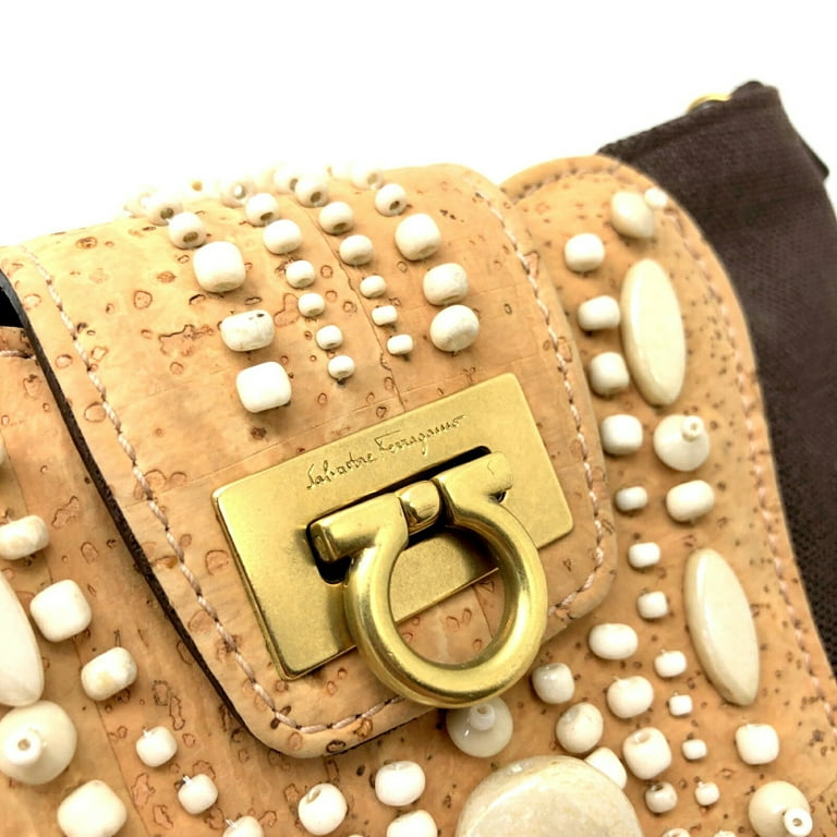 Salvatore Ferragamo Chain Shoulder Bag Canvas Mocha Brown Beige Gold  Hardware Women's Ladies