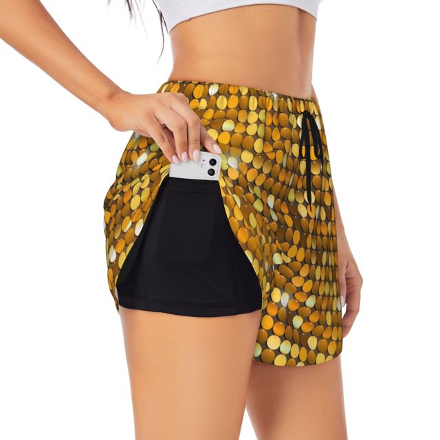 Balery Bright Shiny Golden Pantalones cortos deportivos para mujer con forro y dos bolsillos, elásticos, para entrenamiento, gimnasio, yoga-Medium