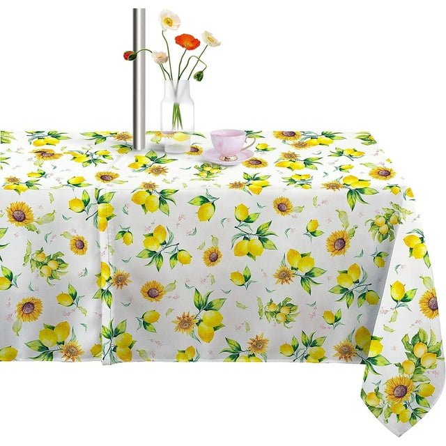 Lemon & Sunflower Tablecloth for Spring Summer, 60 x 84 Table Cloth with Umbrella Hole and Zipper, Perfect for Kitchen Dining Room Picnic Party Banquet, Outdoor Indoor Use