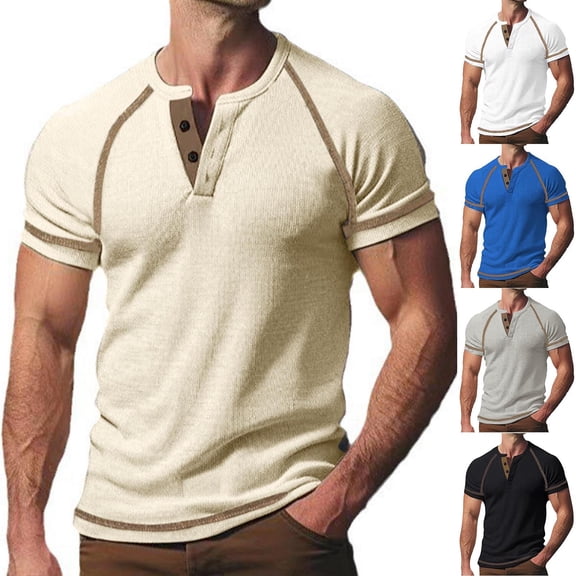Hrsba T Shirts for Men Multi Color Beach Wide Neck Button Pocket Short Sleeve Crew Neck Top Summer Fashion Style for Outdoor Use