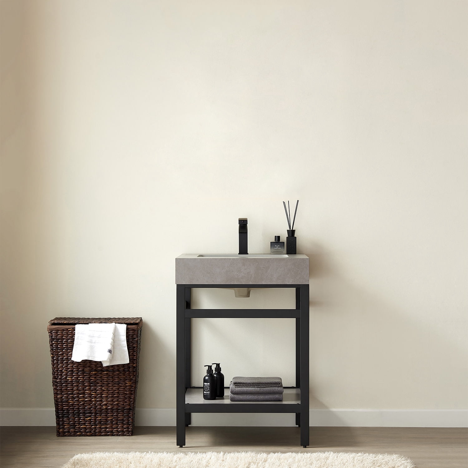 Funes 24" Single Sink Bathroom Vanity in Matte Black Frame White Top No Mirror