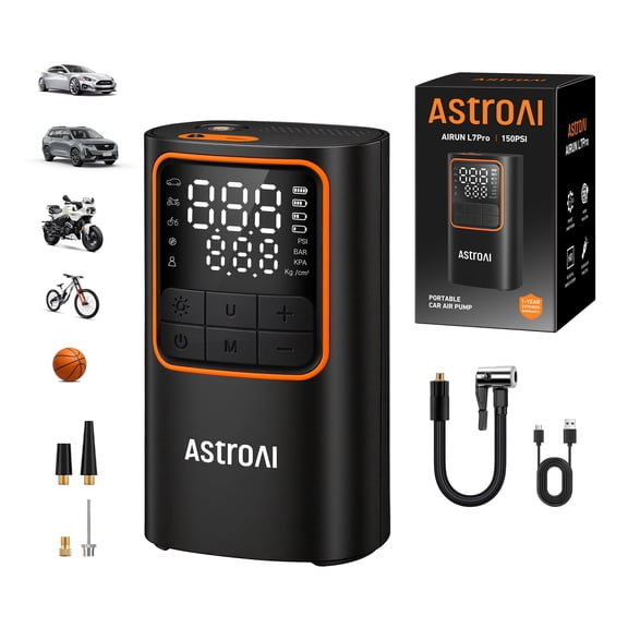 AstroAI Tire Inflator, L7Pro 5200mAh Portable Cordless Air Compressor 150 PSI Digital Pressure Gauge Bike Pump with Digital Dual Values Display, Car Tires Pump with LED Lights Air Pump for Cars