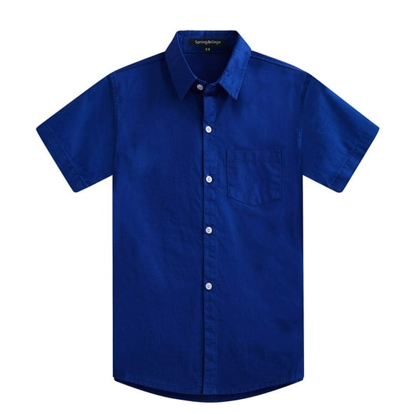 Spring&Gege Boys' Short Sleeve Dress Shirts Formal Uniform Woven Solid, Royal Blue, 7-8 Years