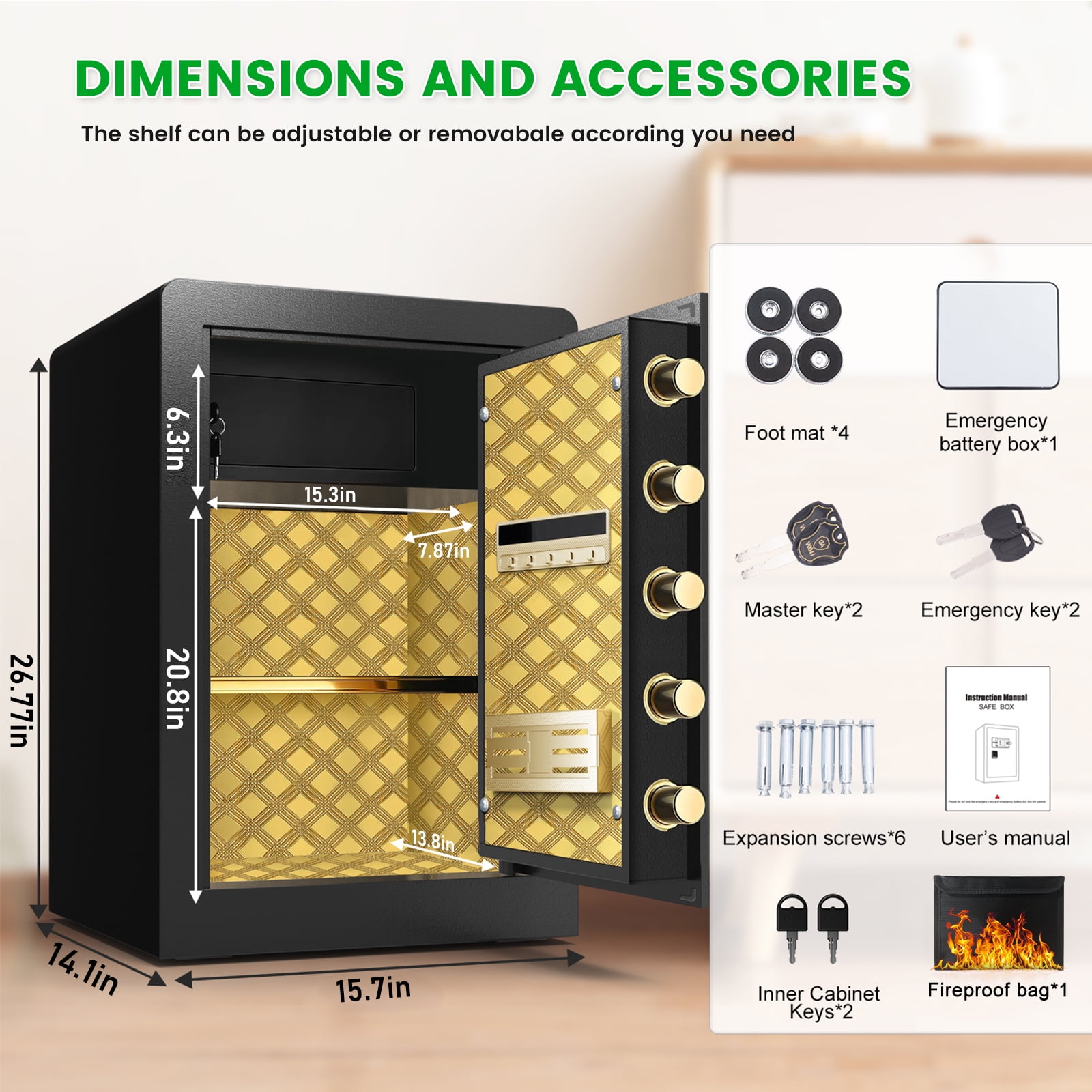 Extra Large Fireproof Waterproof Safe Box with Deposit Slot & Adjustable Shelf - Home & Office Security Safe with Soft PU Leather Lining, Large LCD Screen & Dual Alarm