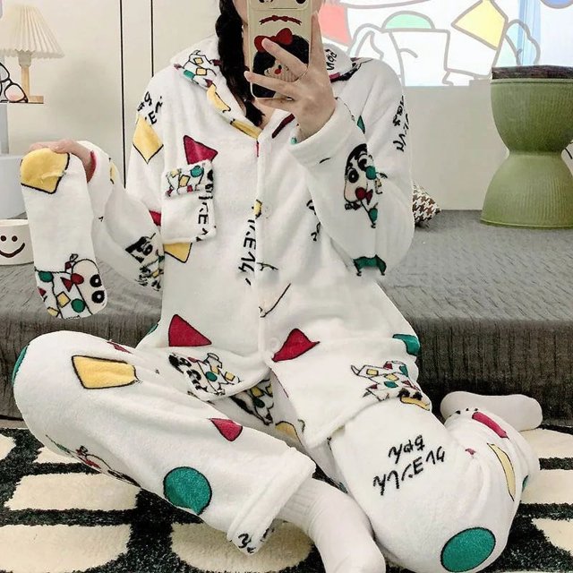Sanrio Hello Kitty Kuromi Cinnamoroll Coral Fleece Pajamas Winter Plus Velvet Thicken Wearable Tracksuit Suit Girlfriend Gift