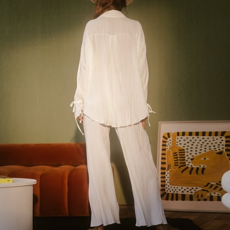 

Cuoff Women s Fashion Shirt Long Sleeve Lapel Cardigan Open Trousers Pyjamas Two Piece Set