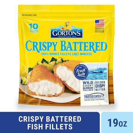 Gorton’s Crispy Battered Fish 100% Whole Fillets (Not Minced), Wild Caught Alaskan Pollock, Frozen, 10 Count, 19 Ounce Resealable Bag