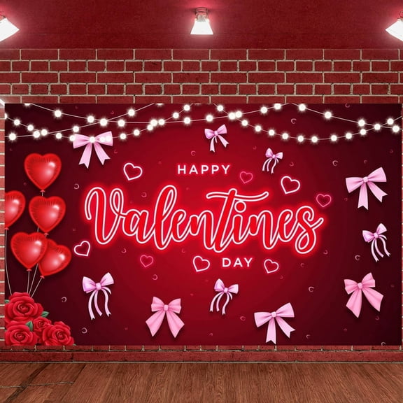 Red Theme Happy Valentine's Day Banner Heart-shaped Balloons Valentine Display Rose Decoration Pink Bows Love Backdrop for Valentine's Day Party Romantic Date Anniversary Celebration