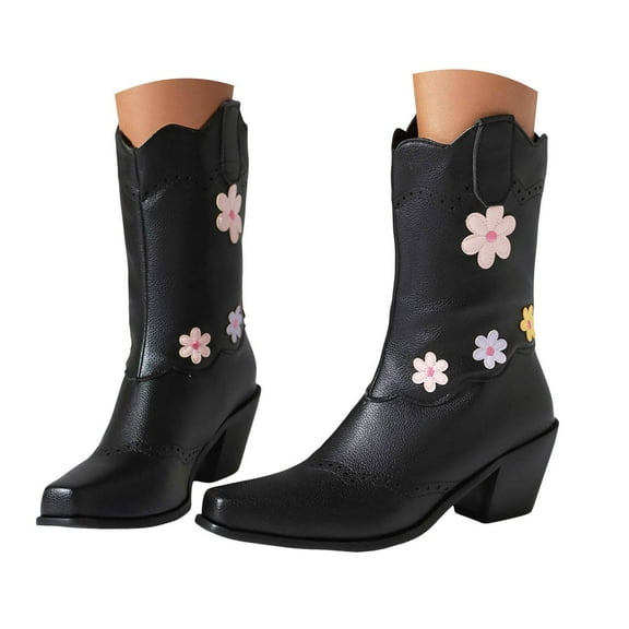 Mostsola Floral Cowboy Boots for Women Square Toe Mid Calf Western Boots Cute Cowgirl Boots