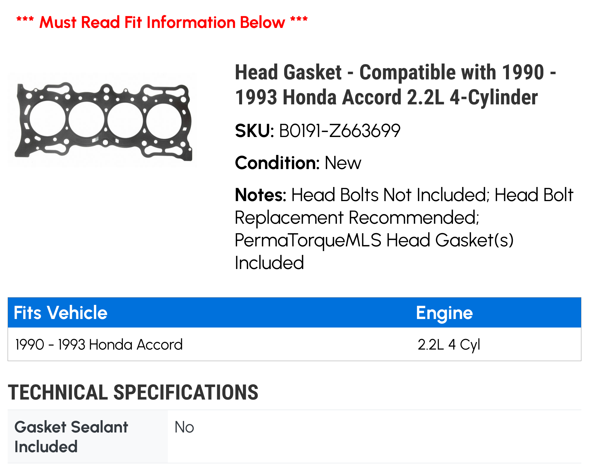 Head Gasket - Compatible with 1990 - 1993 Honda Accord 2.2L 4-Cylinder 1991 1992