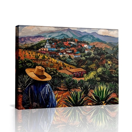 Mexican Village Landscape Canvas Wall Art (Rustic Rural Tone) Ready to Hang for Living Room